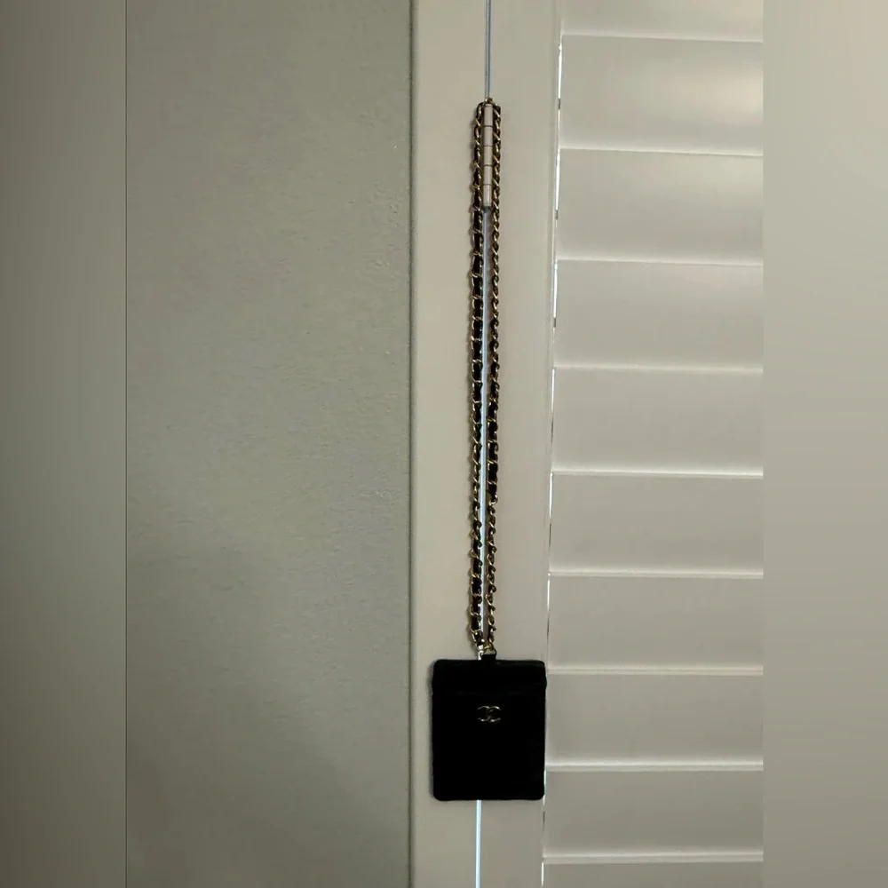 CHANEL Black Vegan Leather Chain Card Holder with Gold-Tone Chain
